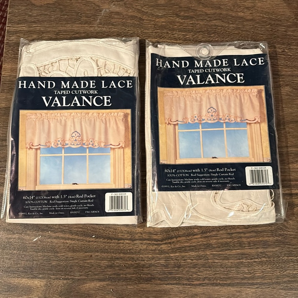 Valances (2). Hand made lace taped cut work. Ivory NWT each 60” x 14”